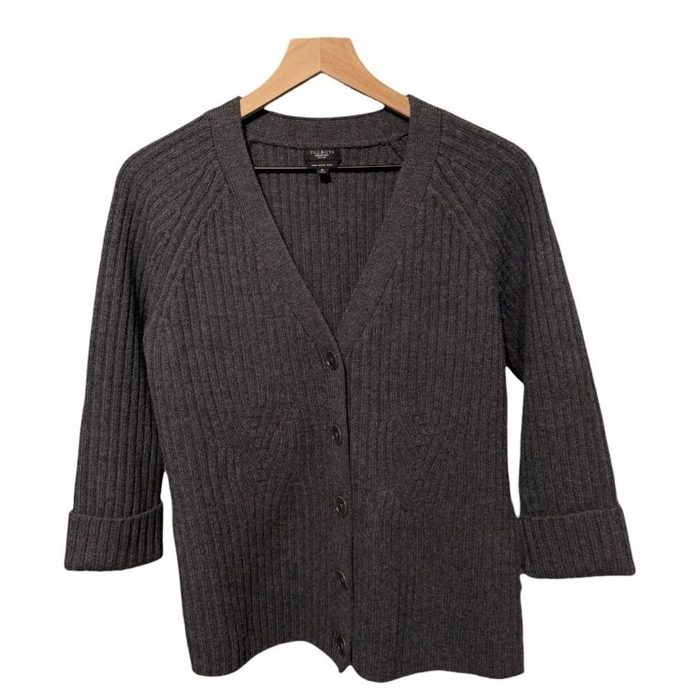 Talbots Merino Wool Ribbed Cardigan Sweater Gray V-Neck Button Front M - Picture 2 of 7